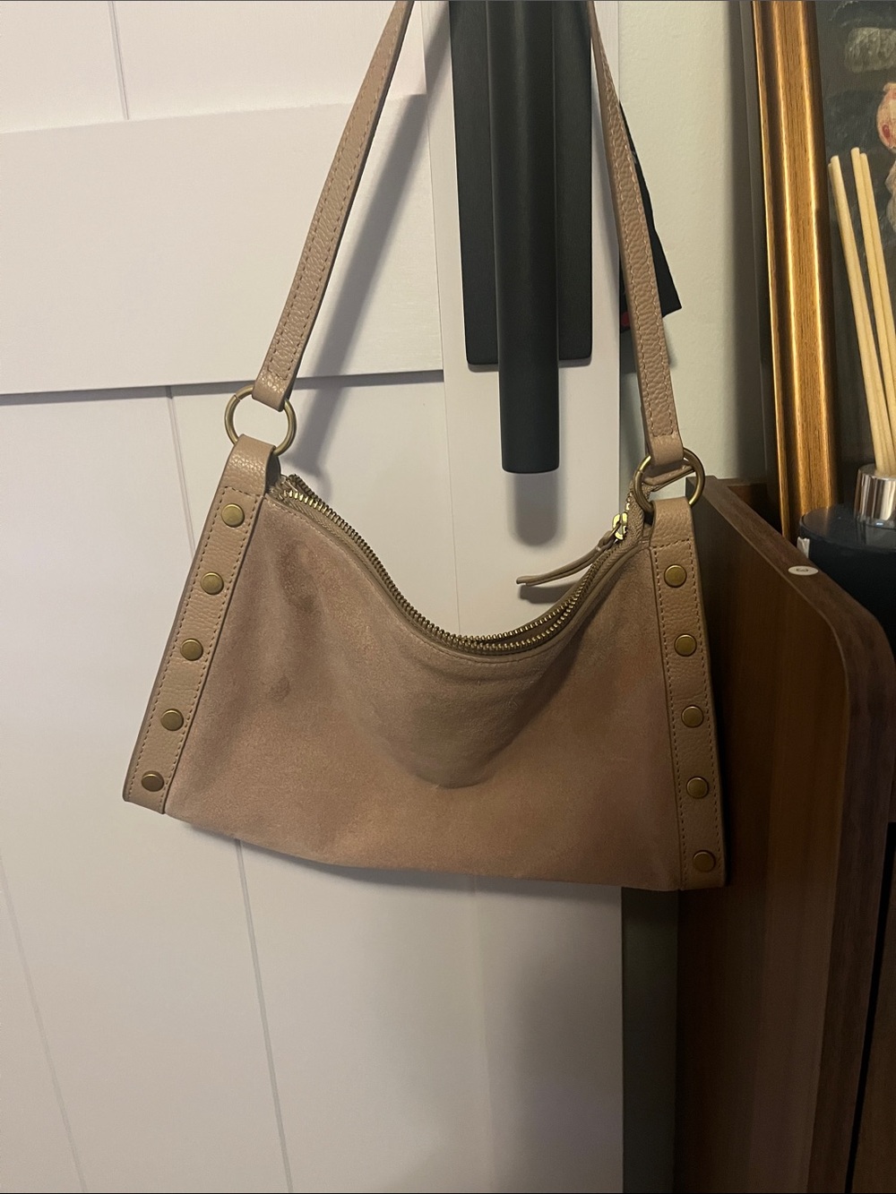 Vince Camuto Taupe Shoulder Bag with Gold Stud Accents